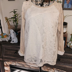 Kandy Kiss Elegant Lace Blouse in Cream and Beige Size Large